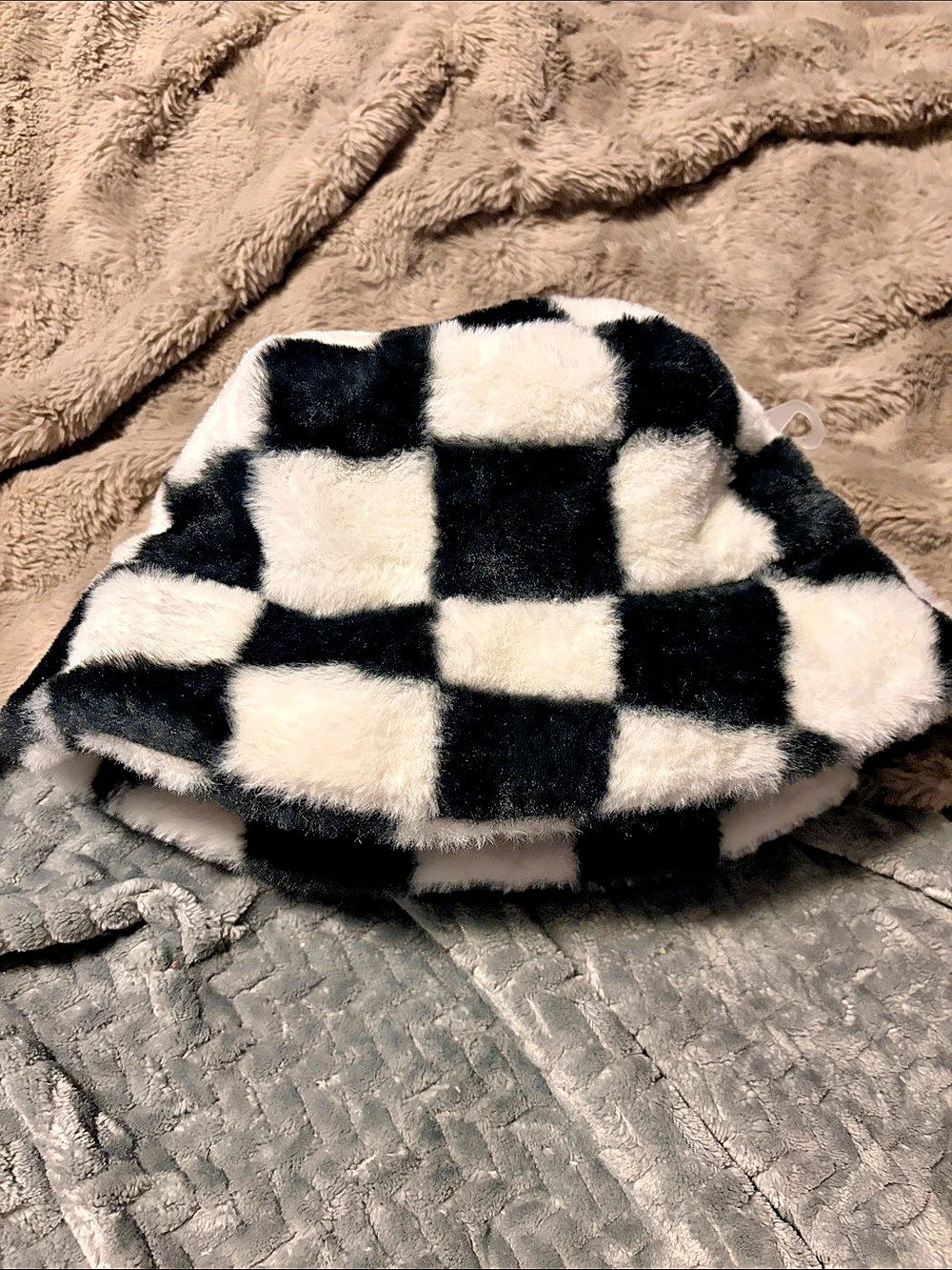 Checkered Faux Fur Bucket Hat in Black & White NWT